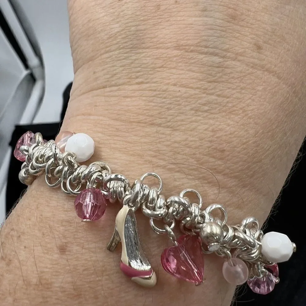 Silvertone Pink Purse, Heels, Lipstick Charm Bracelet